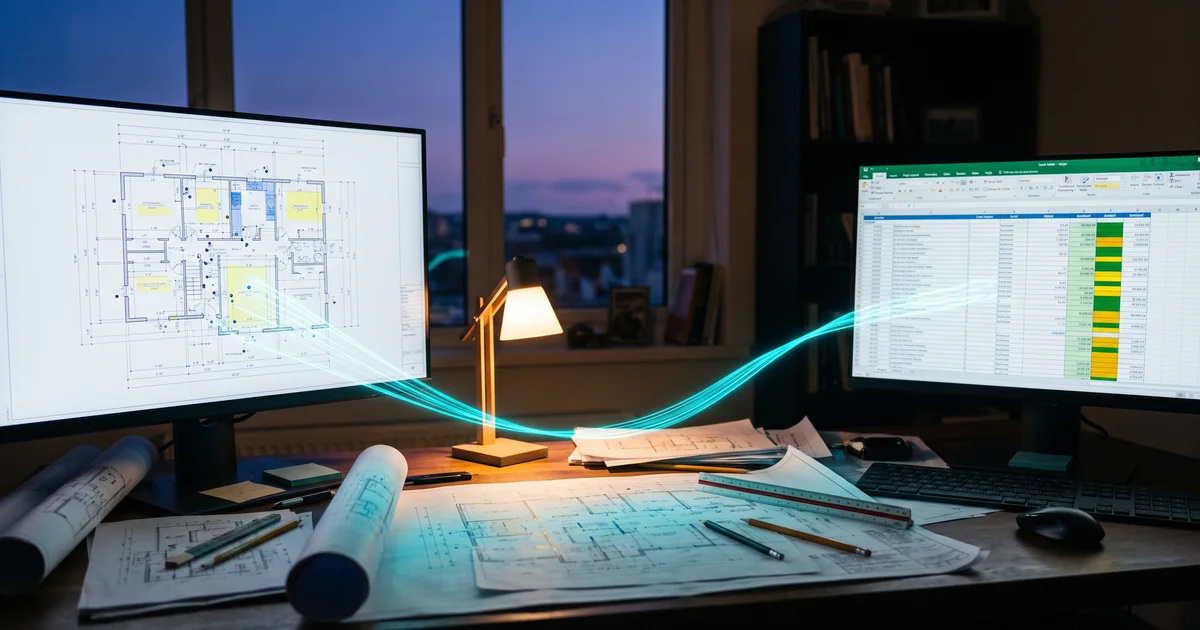 A takeoff drawing on a large monitor beside a job cost ledger, connected by a glowing data path across a contractor's desk