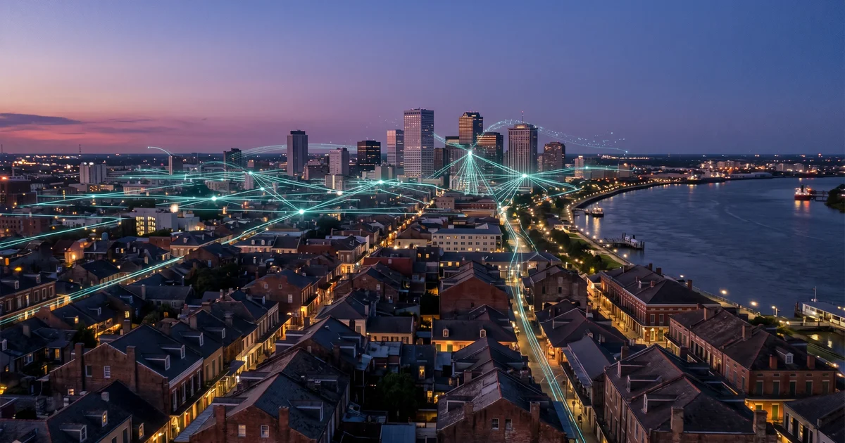 New Orleans skyline at twilight with French Quarter rooftops in the foreground, fiber-optic network lines and data flows overlaid as subtle teal accents, conveying mid-market IT infrastructure serving the Gulf Coast economy