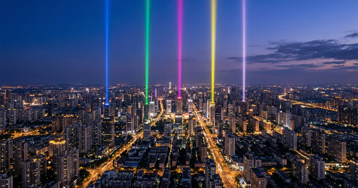 Futuristic cityscape at twilight with interconnected holographic data streams flowing between buildings representing emerging technology trends