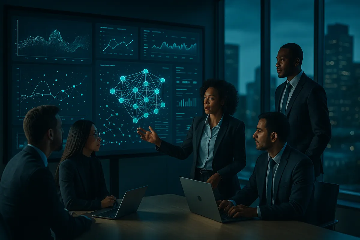 Enterprise AI implementation with team analyzing data visualizations and neural network diagrams