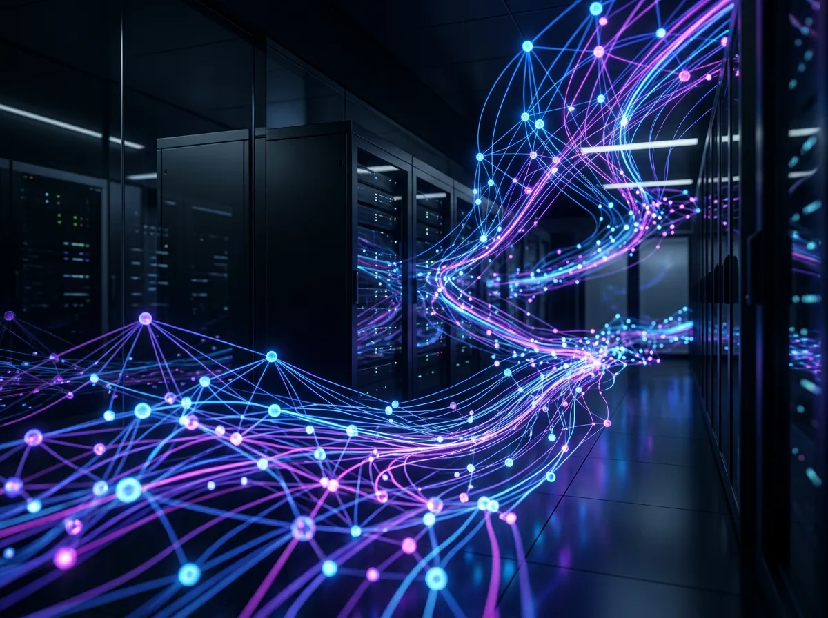 Abstract visualization of neural networks and AI data flows in a modern enterprise environment, conveying intelligent automation and machine learning at scale.