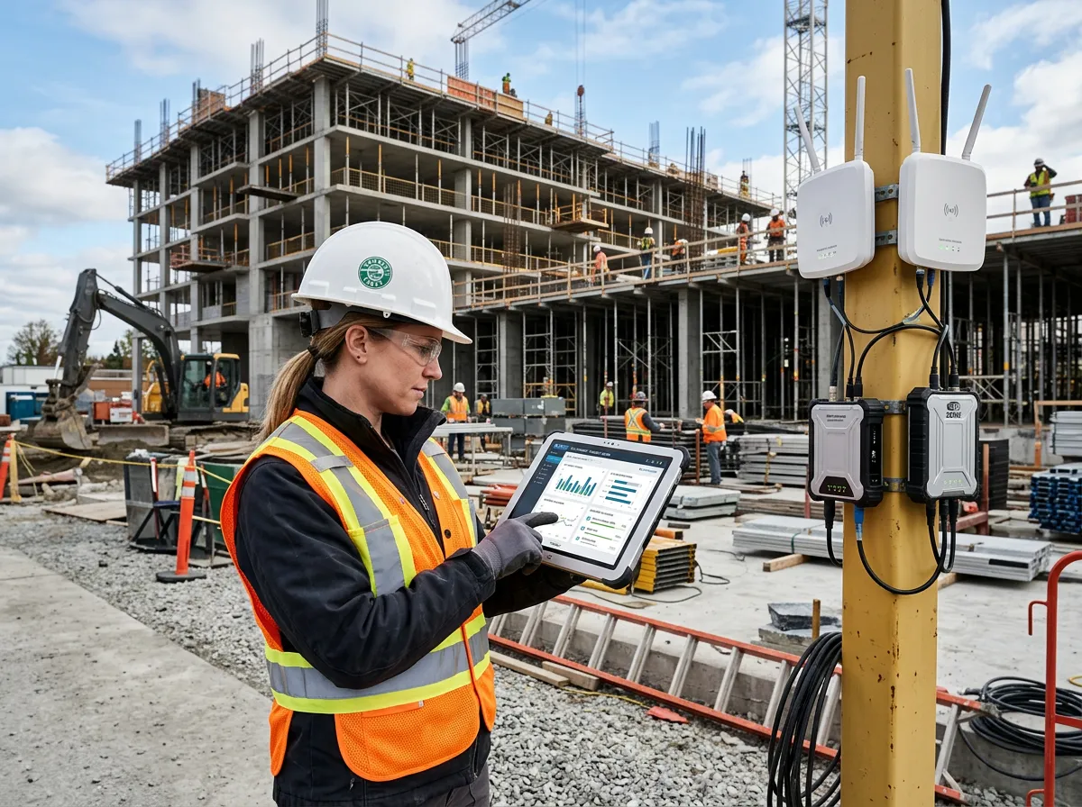 Active construction site with technology overlay showing connected devices, tablets displaying Procore dashboards, and wireless connectivity across the job site.