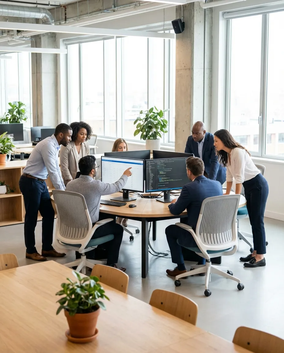 BASG technology team collaborating around screens in a modern open workspace with natural lighting and contemporary furnishings