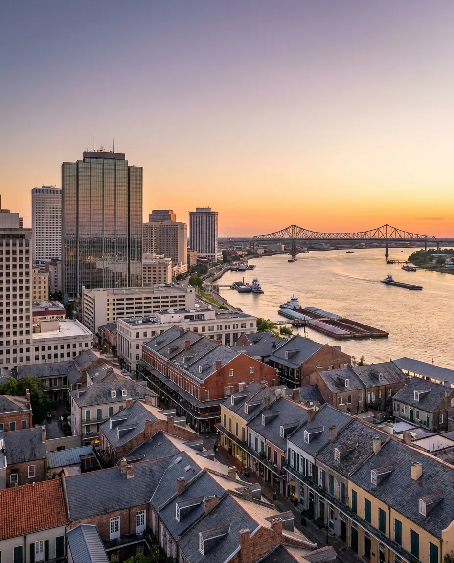 New Orleans downtown skyline with the Mississippi River, French Quarter rooftops, and the distinctive Crescent City Connection bridge at golden hour