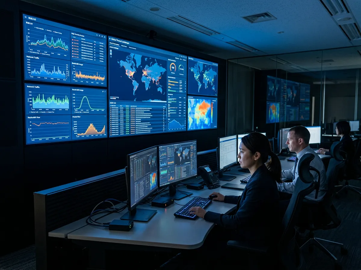 Security operations center with monitors displaying threat analytics dashboards and real-time network monitoring in a dark, professional environment.