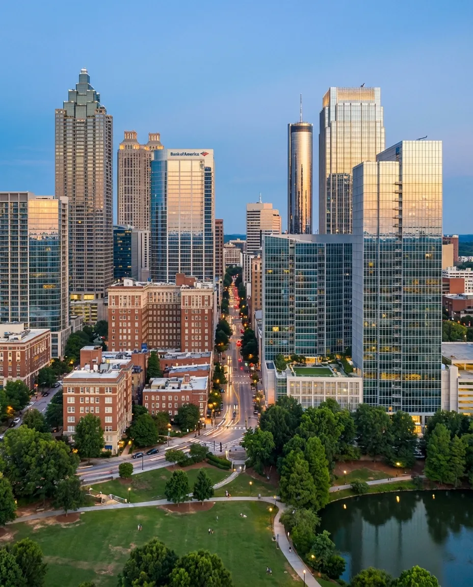 Atlanta downtown skyline featuring modern glass towers, Peachtree Street corridor, and Piedmont Park with the city's distinctive blend of Southern heritage and tech-forward growth