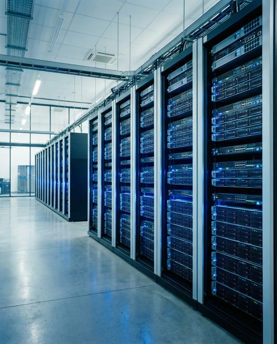 Modern data center facility with rows of server racks, blue ambient lighting, and enterprise networking infrastructure