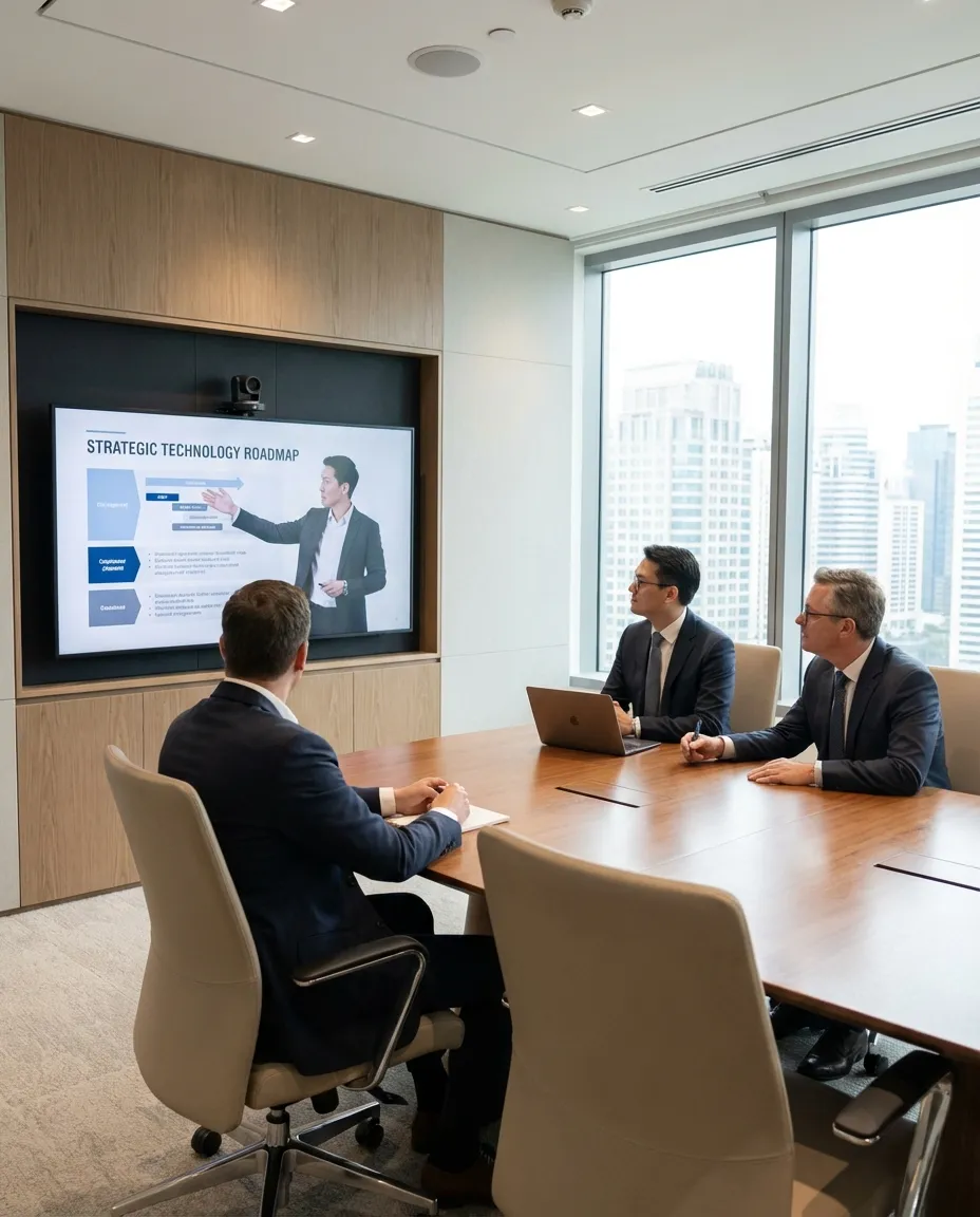 BASG virtual CIO presenting a technology roadmap to executive leadership in a modern boardroom, conveying strategic partnership and high-level business alignment