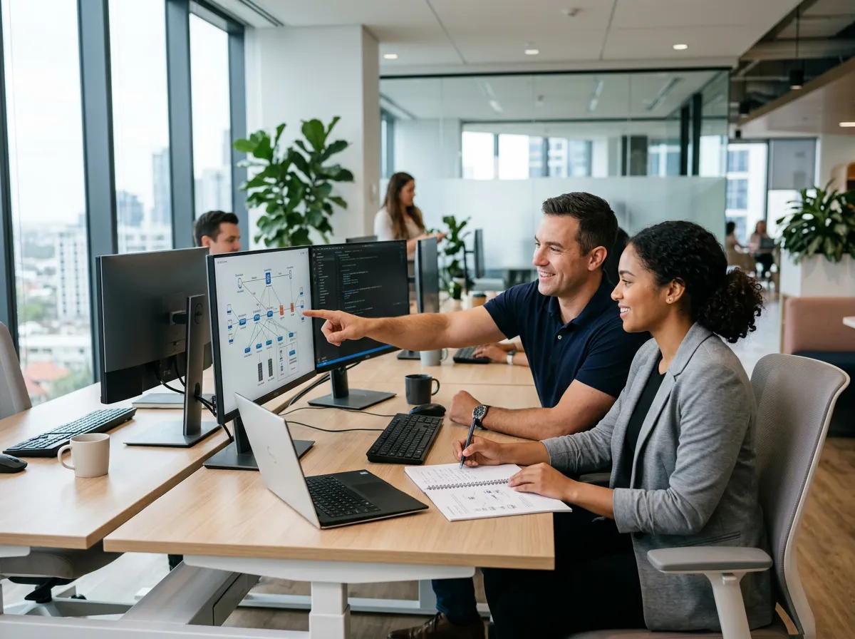 Two IT professionals collaborating side by side at a shared workstation, reviewing network architecture diagrams in a bright modern office.