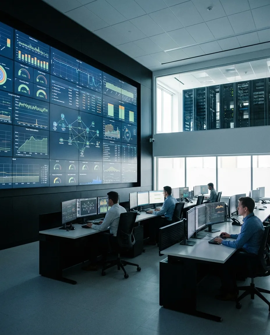 State-of-the-art IT operations center with wall-mounted monitoring dashboards showing real-time system metrics and network health indicators