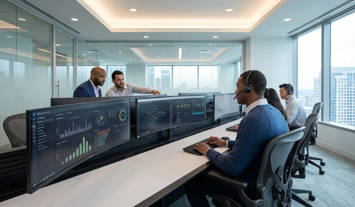 BASG support team working together in a modern operations center, multiple monitors displaying client dashboards, conveying responsiveness and professionalism