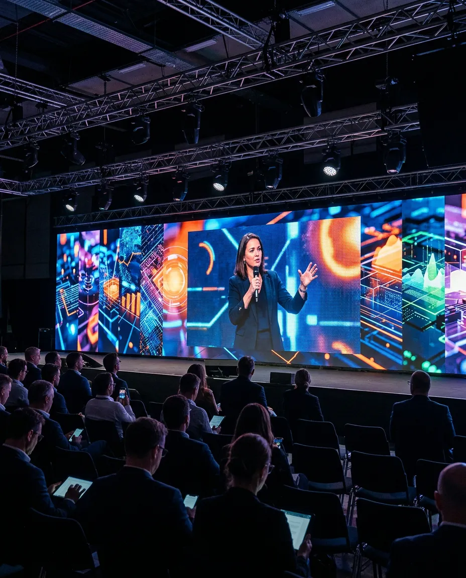 Large-format custom LED display wall illuminating a corporate event stage with vibrant branded visuals, professional rigging visible above, audience seated in foreground