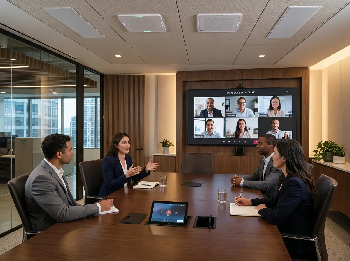 Modern executive conference room with a large display showing a video call, integrated ceiling speakers, and touch panel controls on the table.