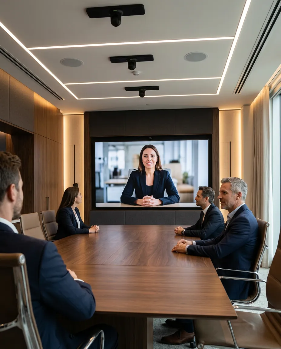 Sleek modern executive boardroom with a large-format display showing a remote CEO in high-definition video, ceiling-mounted microphone arrays, recessed speakers, and clean minimalist design with warm lighting