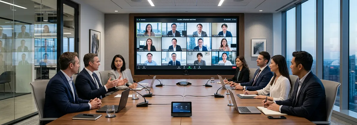 Panoramic view of a state-of-the-art executive conference room during a live multi-site video call, large wall-mounted display showing remote participants in lifelike clarity, ambient lighting, and polished modern furnishings