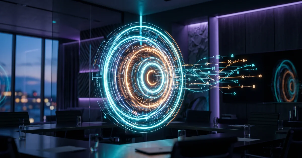 Stylized organizational diagram in a dark conference room with five concentric glowing rings labeled policy, data, tools, monitoring, and incident response, with an AI process flow streaming through them