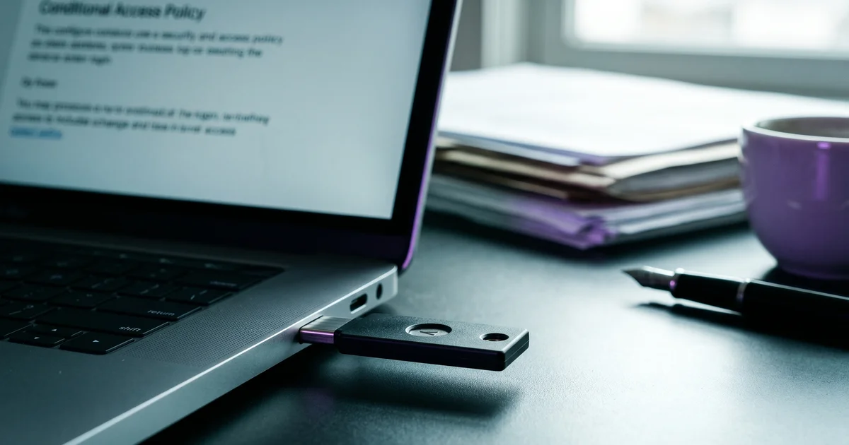 Close-up of a FIDO2 hardware security key being inserted into a laptop USB-C port with cyber insurance policy paperwork in soft focus behind it