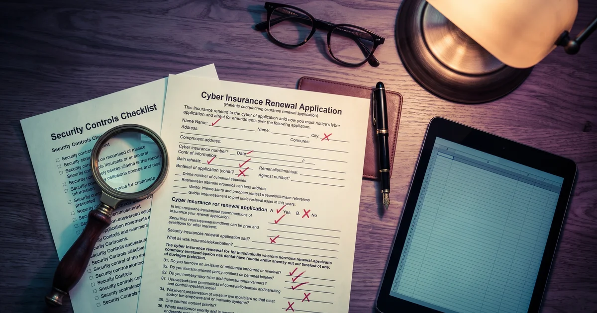 An underwriter's desk with a cyber insurance renewal application, a magnifying glass over a security controls checklist, and a holographic network defense diagram floating above