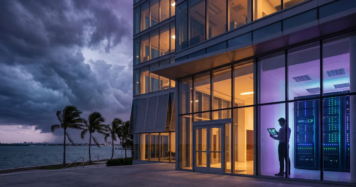 A South Florida office at dusk with hurricane shutters going up, server racks visible through a glass wall, and a tablet showing a business continuity dashboard