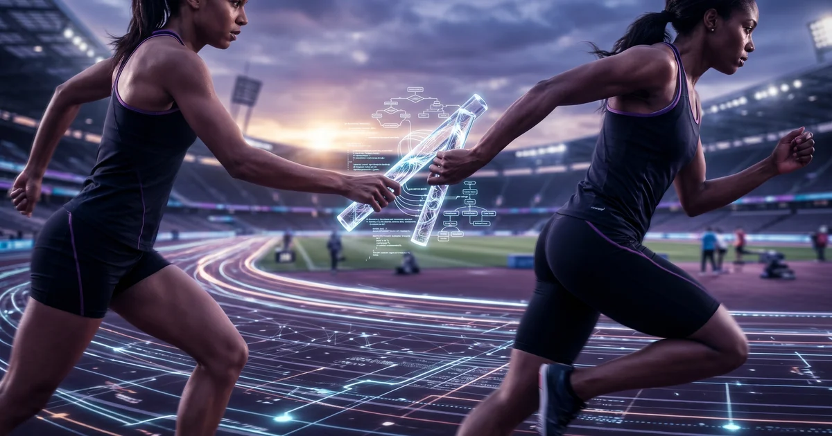 A relay race baton being handed between two runners on a glowing data track, representing knowledge continuity during employee transitions