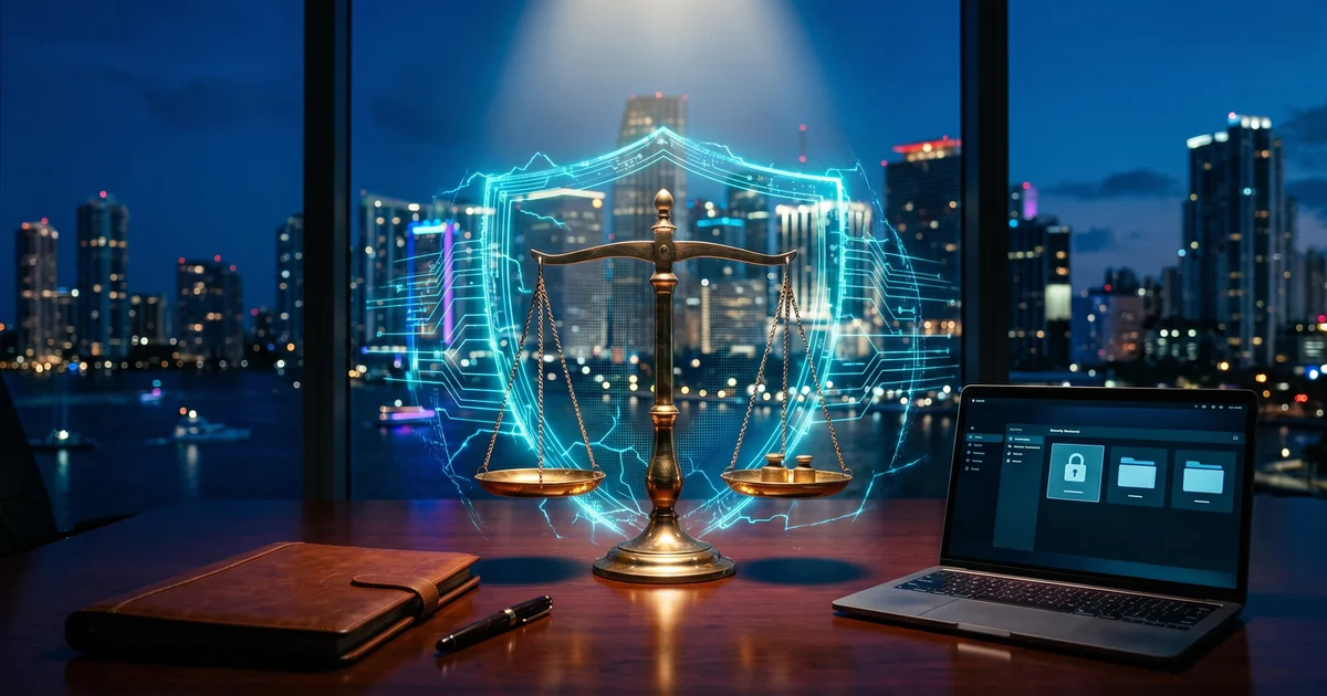 A Miami law firm conference room at night with case files on the table, a holographic data shield projected above an open laptop, and the Brickell skyline through the window